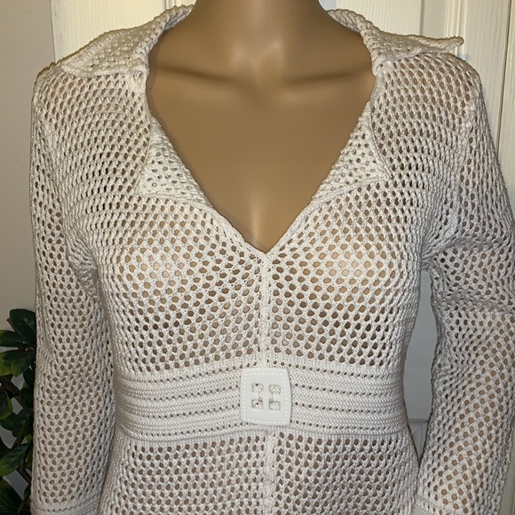 WHITE Knit crochet 60s mod style sweater pullover tunic top M - Picture 5 of 11